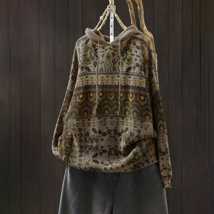 Buddha Stones Herbststreifen-Strickpullover mit geometrischen Blumenmuster, Damen, Langarm, aus Baumwolle, Kapuzenpullover - Beige - US4-6, UK/AU8-10, EU36-38 (F) - image 0