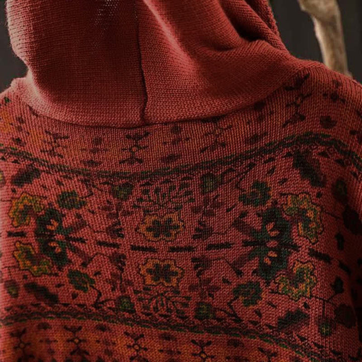 Buddha Stones Herbststreifen-Strickpullover mit geometrischen Blumenmuster, Damen, Langarm, aus Baumwolle, Kapuzenpullover - image 6
