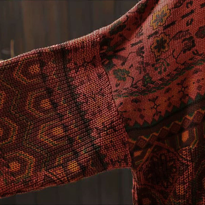 Buddha Stones Herbststreifen-Strickpullover mit geometrischen Blumenmuster, Damen, Langarm, aus Baumwolle, Kapuzenpullover - image 8