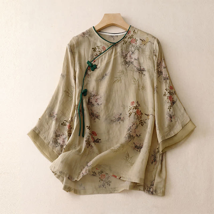 Buddha Stones Frühling/Sommer Vintage Tang Style Froschknopf Blumenmuster Damen Langarmhemden - Bräunen - US8-10, UK/AU12-14, EU40-42 (2XL) - image 0
