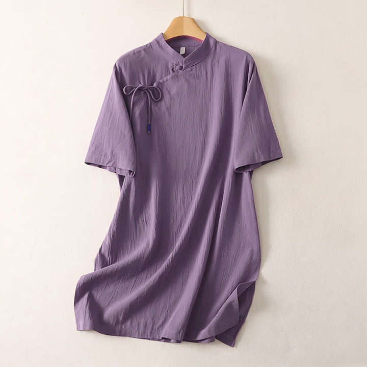 Buddha Stones Sommerliche, lässige Tang-Kleider mit Stehkragen, einfarbig, kurzärmelig, für Damen, aus einfarbigem Stoff - Mittelviolett - US14, UK/AU18, EU46 (2XL) - image 3