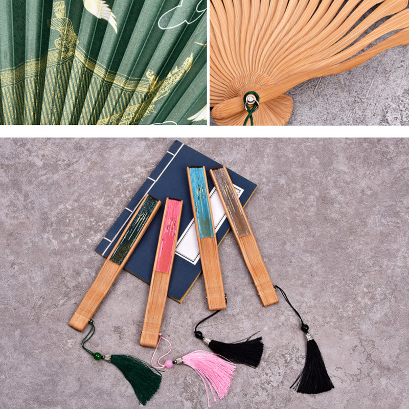 Handgefertigter Faltfächer aus Bambus im Vintage-Stil mit Wolken-Kranich-Muster von Buddha Stones - image 2
