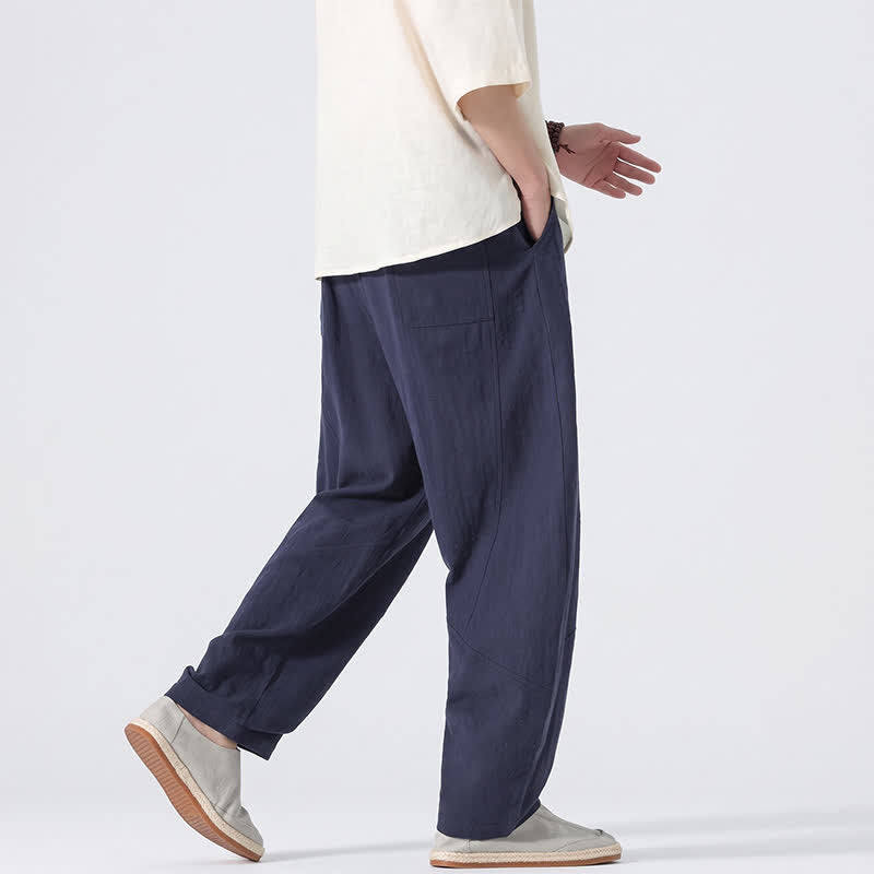 Buddha Stones Lässige, minimalistische Leinenhose für Herren, gerades Bein, mit Taschen und Kordelzug, ideal für Frühling und Sommer - image 16