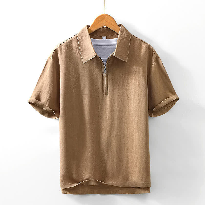 Buddha Stones Lässige, minimalistische Kurzarmhemden für Herren mit Viertelreißverschluss aus Unifarben – perfekt für den Sommer. - Sienna - US/ UK/AU42, EU52 (3XL) - image 8