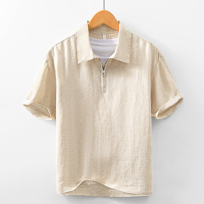 Buddha Stones Lässige, minimalistische Kurzarmhemden für Herren mit Viertelreißverschluss aus Unifarben – perfekt für den Sommer. - Weizen - US/ UK/AU42, EU52 (3XL) - image 0