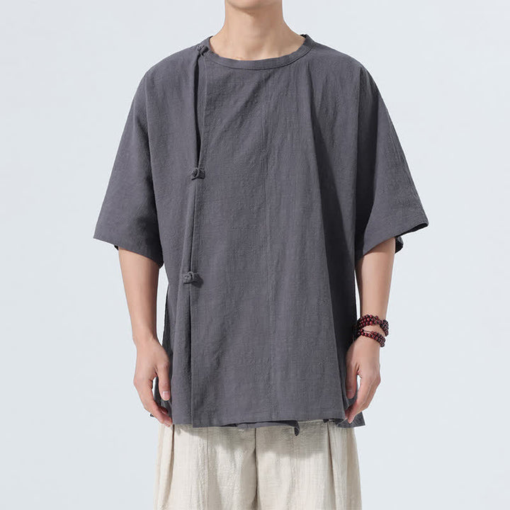 Buddha Stones Sommerliches Tang Style Minimalistisches Kurzarmhemd mit Froschknopf aus einfarbiger Baumwolle für Herren, Herrenhemd aus Baumwolle, Kurzarm, aus Baumwolle, aus der Tang Style Minimalistisches Hemd mit Froschknopf - image 1