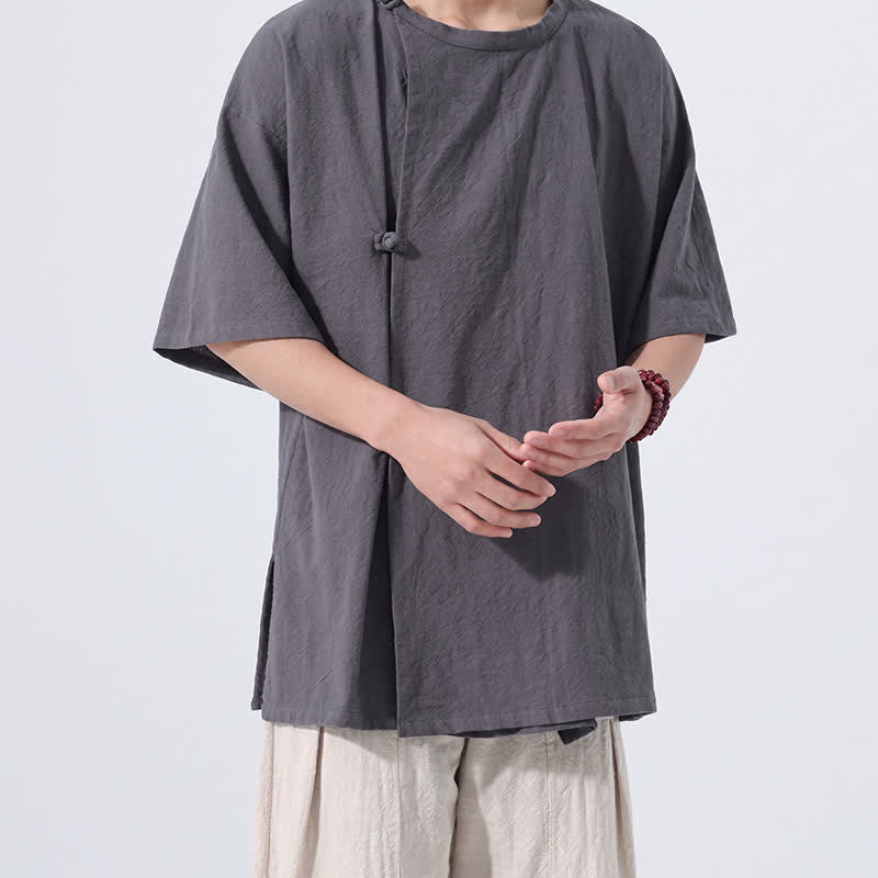 Buddha Stones Sommerliches Tang Style Minimalistisches Kurzarmhemd mit Froschknopf aus einfarbiger Baumwolle für Herren, Herrenhemd aus Baumwolle, Kurzarm, aus Baumwolle, aus der Tang Style Minimalistisches Hemd mit Froschknopf - image 4