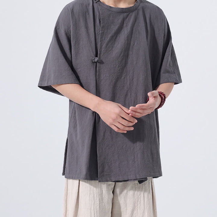Buddha Stones Sommerliches Tang Style Minimalistisches Kurzarmhemd mit Froschknopf aus einfarbiger Baumwolle für Herren, Herrenhemd aus Baumwolle, Kurzarm, aus Baumwolle, aus der Tang Style Minimalistisches Hemd mit Froschknopf - image 4