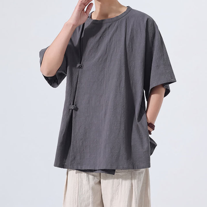 Buddha Stones Sommerliches Tang Style Minimalistisches Kurzarmhemd mit Froschknopf aus einfarbiger Baumwolle für Herren, Herrenhemd aus Baumwolle, Kurzarm, aus Baumwolle, aus der Tang Style Minimalistisches Hemd mit Froschknopf - image 6