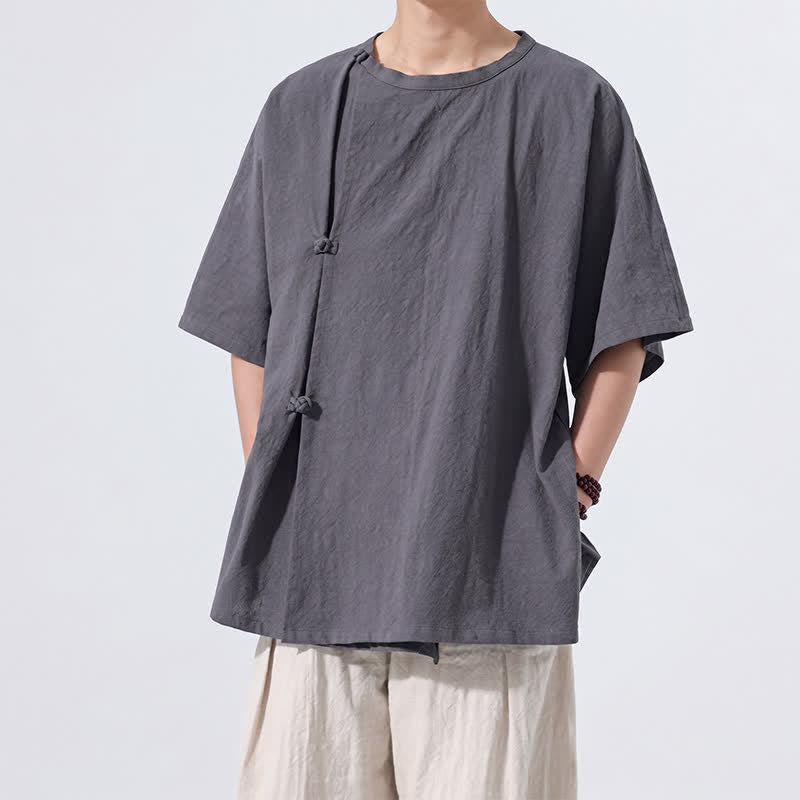 Buddha Stones Sommerliches Tang Style Minimalistisches Kurzarmhemd mit Froschknopf aus einfarbiger Baumwolle für Herren, Herrenhemd aus Baumwolle, Kurzarm, aus Baumwolle, aus der Tang Style Minimalistisches Hemd mit Froschknopf - image 5