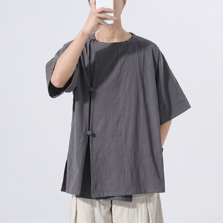 Buddha Stones Sommerliches Tang Style Minimalistisches Kurzarmhemd mit Froschknopf aus einfarbiger Baumwolle für Herren, Herrenhemd aus Baumwolle, Kurzarm, aus Baumwolle, aus der Tang Style Minimalistisches Hemd mit Froschknopf - image 2