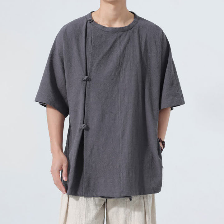Buddha Stones Sommerliches Tang Style Minimalistisches Kurzarmhemd mit Froschknopf aus einfarbiger Baumwolle für Herren, Herrenhemd aus Baumwolle, Kurzarm, aus Baumwolle, aus der Tang Style Minimalistisches Hemd mit Froschknopf - DimGray - US/ UK/AU46, EU56 (5XL) - image 0