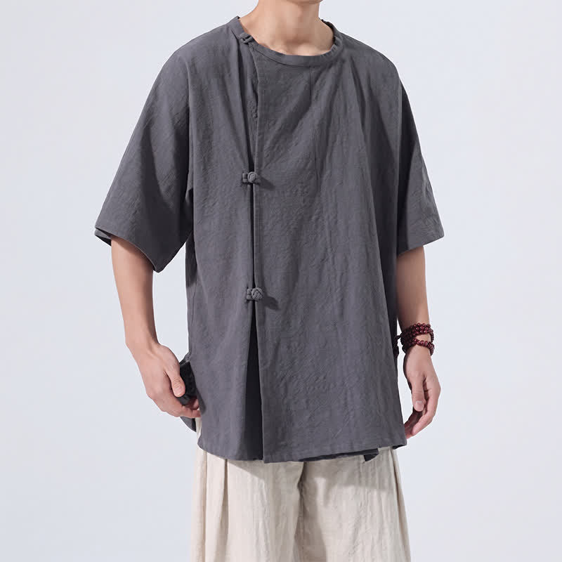 Buddha Stones Sommerliches Tang Style Minimalistisches Kurzarmhemd mit Froschknopf aus einfarbiger Baumwolle für Herren, Herrenhemd aus Baumwolle, Kurzarm, aus Baumwolle, aus der Tang Style Minimalistisches Hemd mit Froschknopf - image 3