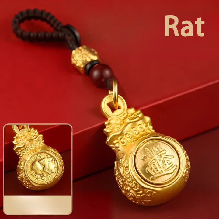 Buddha Stones „Jeden Tag ein Vermögen verdienen“ – Schlüsselanhänger mit goldfarbenem Kupfer-Geldbeutel und chinesischen Tierkreiszeichen - Ratte - image 0