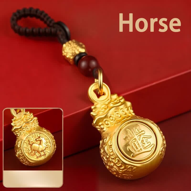 Buddha Stones „Jeden Tag ein Vermögen verdienen“ – Schlüsselanhänger mit goldfarbenem Kupfer-Geldbeutel und chinesischen Tierkreiszeichen - Pferd - image 22