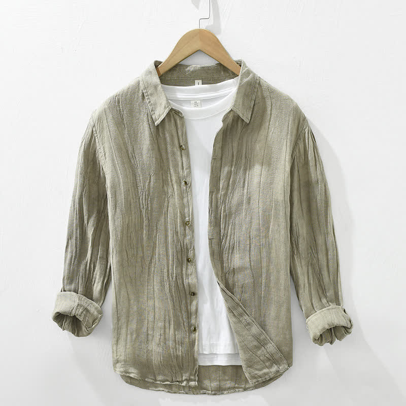 Buddha Stones Lässiges, langärmeliges Herrenhemd aus einfarbigem Leinen mit Knopfleiste für den Frühling - Dunkelkhaki - US/ UK/AU42, EU52 (3XL) - image 19