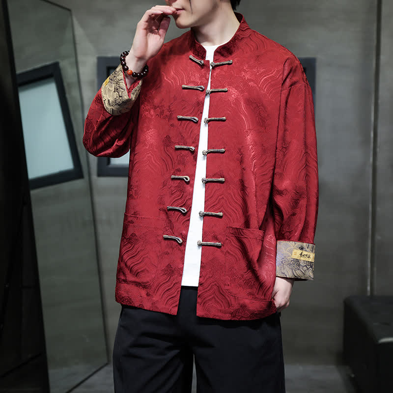 Buddha Stones Herbst/Winter-Herrenjacke im Tang-Stil, eleganter Stehkragen, abstraktes Wellenmuster, Froschknöpfe und Taschen - image 7