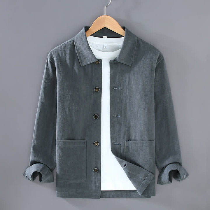 Buddha Stones Lässige, minimalistische Herrenjacke aus Ramie mit einfarbigen Knöpfen und Taschen für den Herbst - Schiefergrau - US/ UK/AU42, EU52 (3XL) - image 2