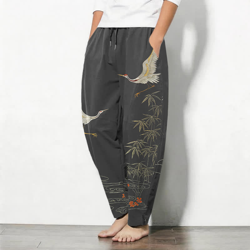 Buddha Stones Herrenhose aus reiner Baumwolle mit Kranich-, Bambus- und Wellenmuster, Kordelzug, schmal zulaufendem Schnitt und Taschen - image 1