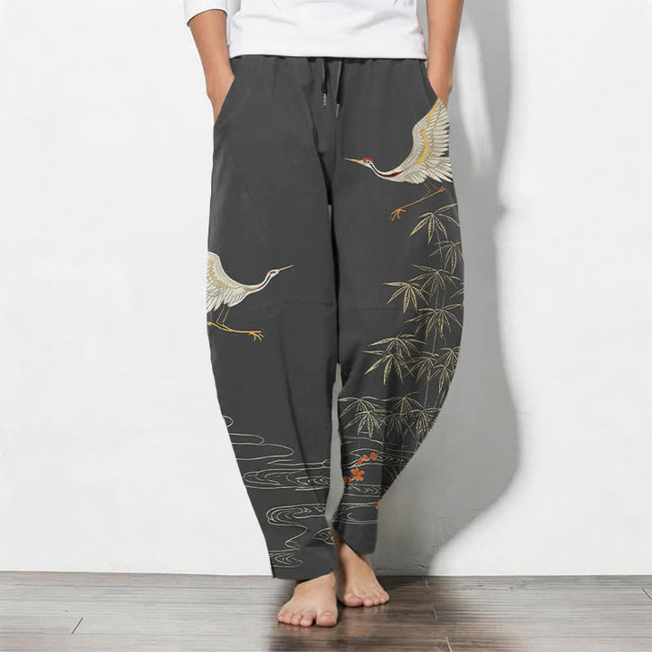 Buddha Stones Herrenhose aus reiner Baumwolle mit Kranich-, Bambus- und Wellenmuster, Kordelzug, schmal zulaufendem Schnitt und Taschen - DimGray - US/ UK/AU50, EU60 (5XL) - image 0