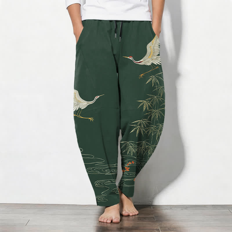 Buddha Stones Herrenhose aus reiner Baumwolle mit Kranich-, Bambus- und Wellenmuster, Kordelzug, schmal zulaufendem Schnitt und Taschen - Dunkelgrün - US/ UK/AU50, EU60 (5XL) - image 11