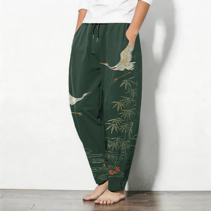 Buddha Stones Herrenhose aus reiner Baumwolle mit Kranich-, Bambus- und Wellenmuster, Kordelzug, schmal zulaufendem Schnitt und Taschen - image 12