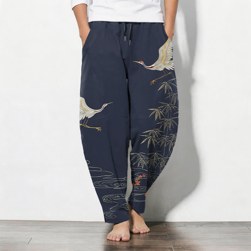 Buddha Stones Herrenhose aus reiner Baumwolle mit Kranich-, Bambus- und Wellenmuster, Kordelzug, schmal zulaufendem Schnitt und Taschen - SteelBlue - US/ UK/AU50, EU60 (5XL) - image 7