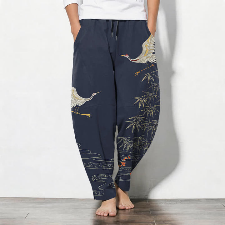 Buddha Stones Herrenhose aus reiner Baumwolle mit Kranich-, Bambus- und Wellenmuster, Kordelzug, schmal zulaufendem Schnitt und Taschen - SteelBlue - US/ UK/AU50, EU60 (5XL) - image 7