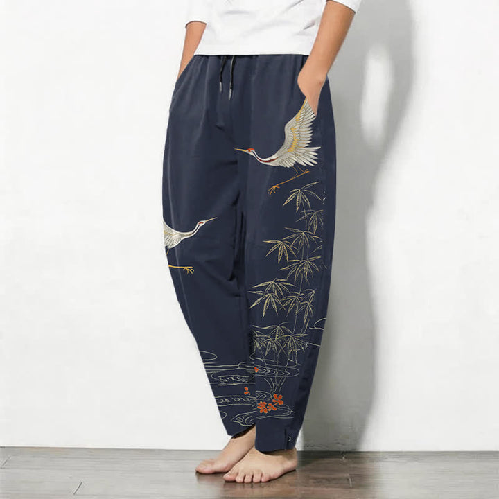 Buddha Stones Herrenhose aus reiner Baumwolle mit Kranich-, Bambus- und Wellenmuster, Kordelzug, schmal zulaufendem Schnitt und Taschen - image 8