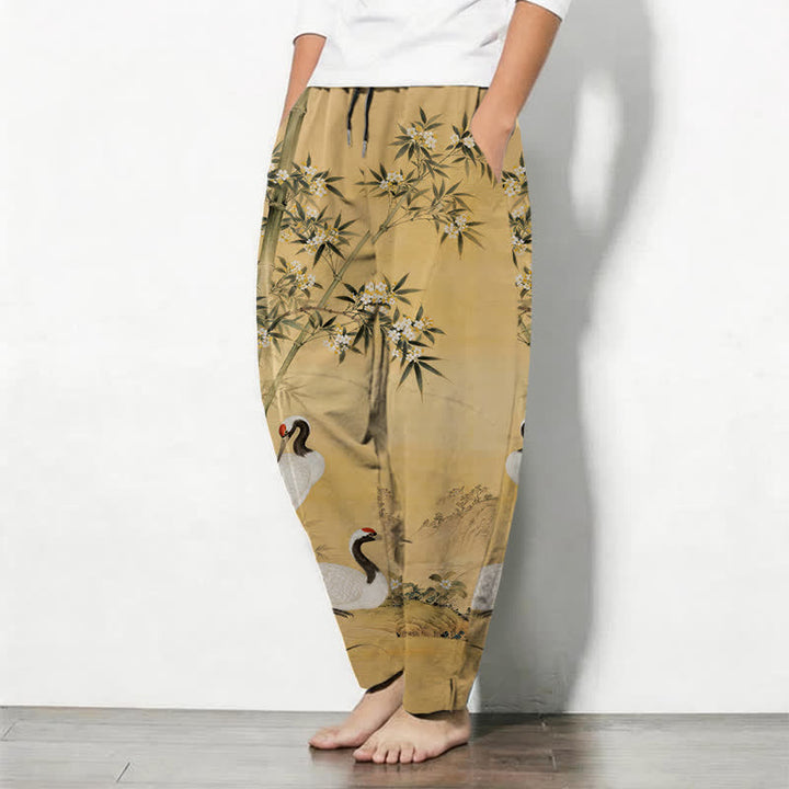 Buddha Stones Herrenhose aus reiner Baumwolle mit Kranich- und Bambus-Landschaftsmuster, Kordelzug, schmal zulaufendem Schnitt und Taschen - image 1