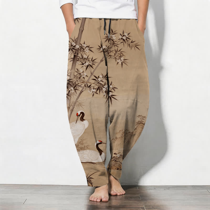 Buddha Stones Herrenhose aus reiner Baumwolle mit Kranich- und Bambus-Landschaftsmuster, Kordelzug, schmal zulaufendem Schnitt und Taschen - BurlyWood - US/ UK/AU50, EU60 (5XL) - image 7