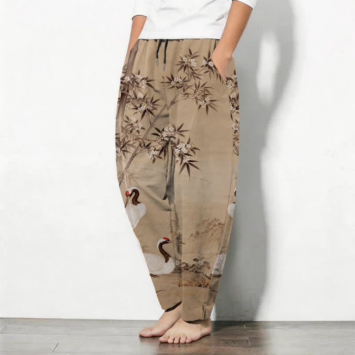 Buddha Stones Herrenhose aus reiner Baumwolle mit Kranich- und Bambus-Landschaftsmuster, Kordelzug, schmal zulaufendem Schnitt und Taschen - image 8