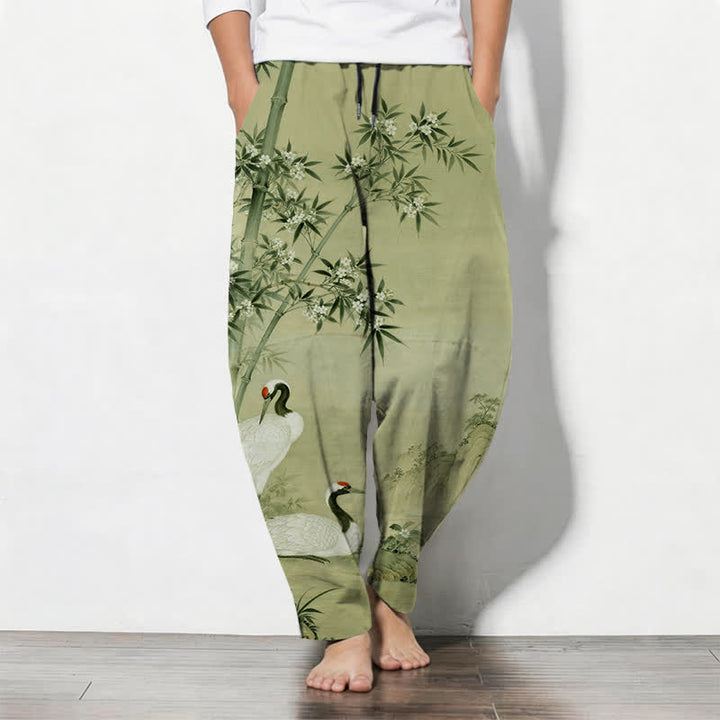 Buddha Stones Herrenhose aus reiner Baumwolle mit Kranich- und Bambus-Landschaftsmuster, Kordelzug, schmal zulaufendem Schnitt und Taschen - Gelbgrün - US/ UK/AU50, EU60 (5XL) - image 11