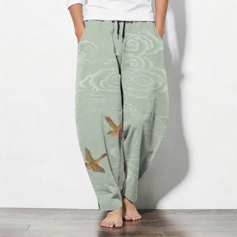 Buddha Stones Herrenhose aus reiner Baumwolle mit Kordelzug, schmal zulaufendem Bein und Taschen, verziert mit dem glückverheißenden Wolkenvogelmuster. - Dunkelseegrün - US/ UK/AU50, EU60 (5XL) - image 11