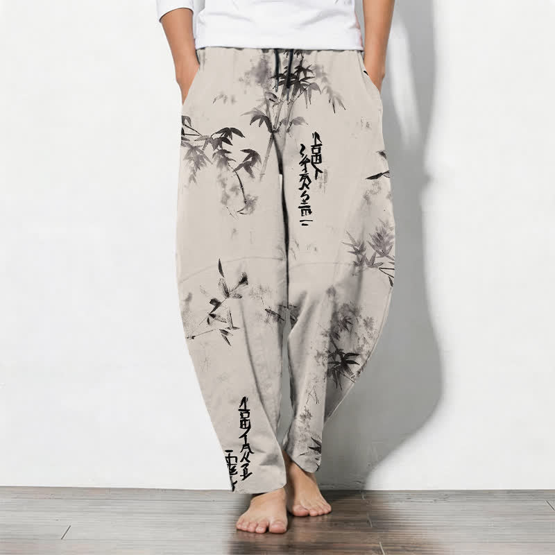 Buddha Stones Herrenhose aus reiner Baumwolle mit Bambus-Kalligrafiemuster, Kordelzug und Taschen - Elfenbein - US/ UK/AU50, EU60 (5XL) - image 0