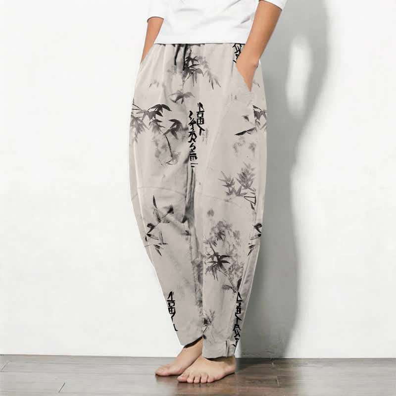 Buddha Stones Herrenhose aus reiner Baumwolle mit Bambus-Kalligrafiemuster, Kordelzug und Taschen - image 1