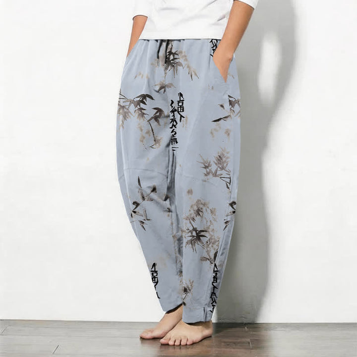 Buddha Stones Herrenhose aus reiner Baumwolle mit Bambus-Kalligrafiemuster, Kordelzug und Taschen - image 8