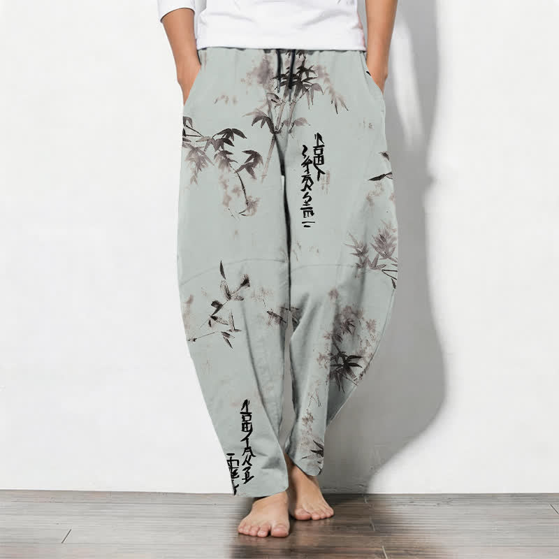 Buddha Stones Herrenhose aus reiner Baumwolle mit Bambus-Kalligrafiemuster, Kordelzug und Taschen - Helltürkis - US/ UK/AU50, EU60 (5XL) - image 11