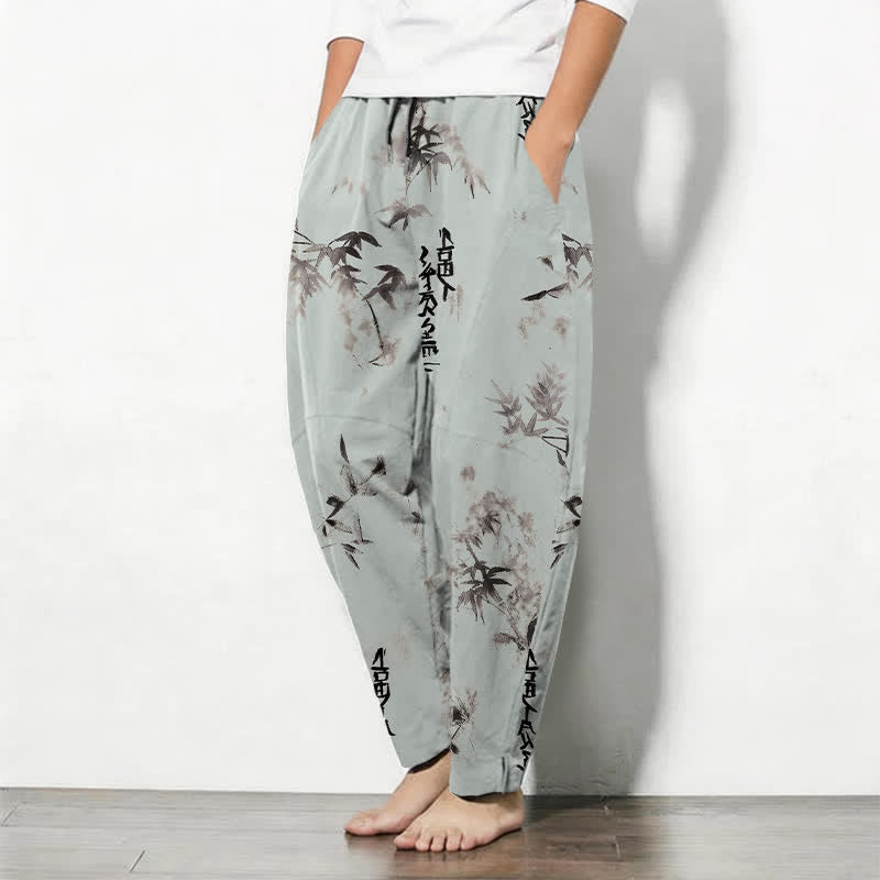 Buddha Stones Herrenhose aus reiner Baumwolle mit Bambus-Kalligrafiemuster, Kordelzug und Taschen - image 12