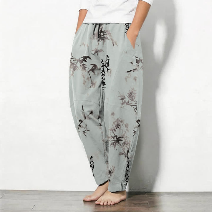 Buddha Stones Herrenhose aus reiner Baumwolle mit Bambus-Kalligrafiemuster, Kordelzug und Taschen - image 12