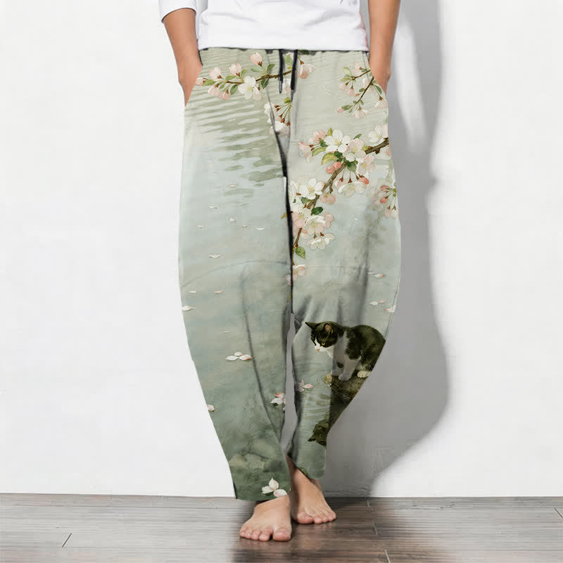 Buddha Stones Herrenhose aus reiner Baumwolle mit Sakura-Katzen-Wasserreflexionsmuster, Kordelzug, schmal zulaufendem Schnitt und Taschen - Dunkelmeergrün - US/ UK/AU50, EU60 (5XL) - image 7