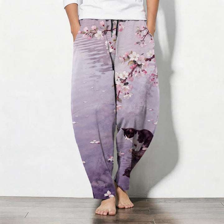 Buddha Stones Herrenhose aus reiner Baumwolle mit Sakura-Katzen-Wasserreflexionsmuster, Kordelzug, schmal zulaufendem Schnitt und Taschen - Mittelviolett - US/ UK/AU50, EU60 (5XL) - image 11