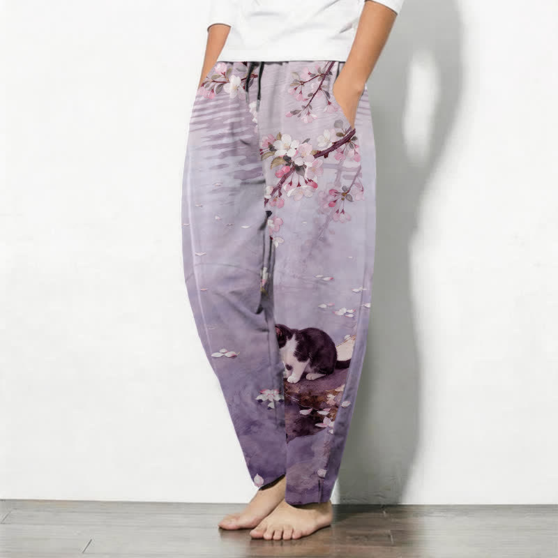 Buddha Stones Herrenhose aus reiner Baumwolle mit Sakura-Katzen-Wasserreflexionsmuster, Kordelzug, schmal zulaufendem Schnitt und Taschen - image 12