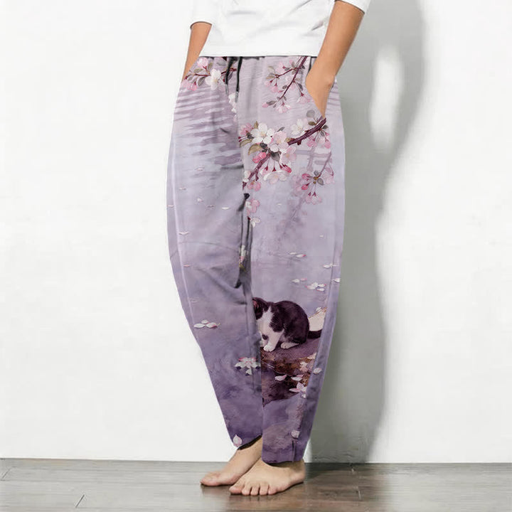 Buddha Stones Herrenhose aus reiner Baumwolle mit Sakura-Katzen-Wasserreflexionsmuster, Kordelzug, schmal zulaufendem Schnitt und Taschen - image 12