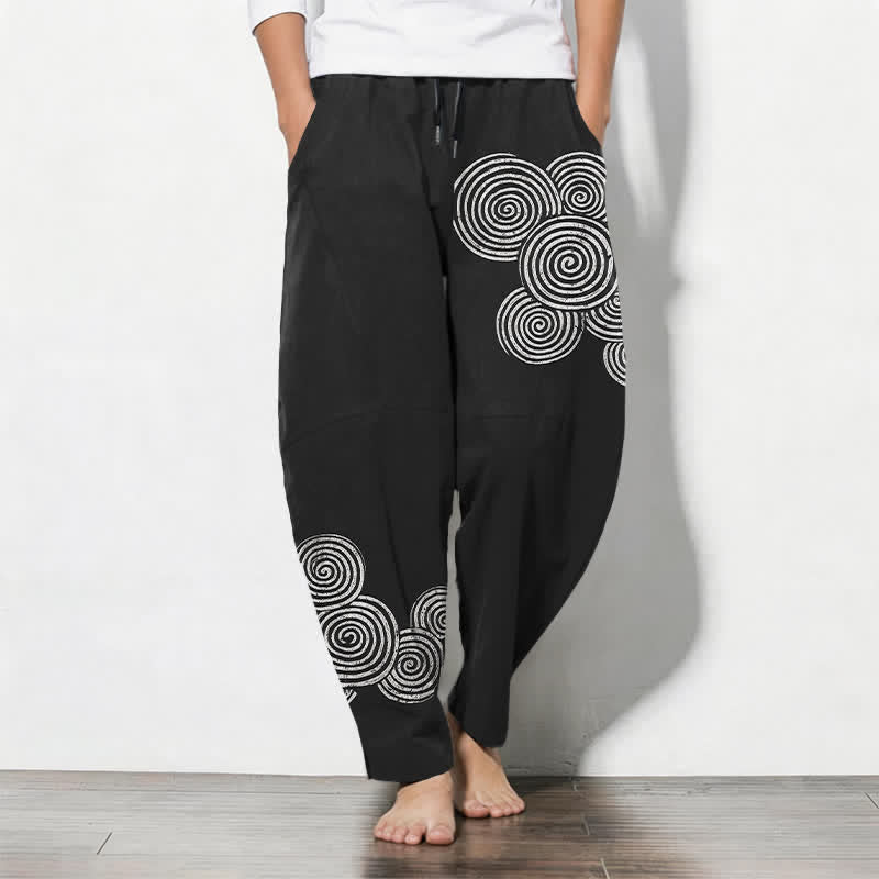 Buddha Stones Herrenhose aus reiner Baumwolle mit konzentrischem Spiralmuster, Kordelzug, schmal zulaufendem Schnitt und Taschen - Schwarz - US/ UK/AU50, EU60 (5XL) - image 0