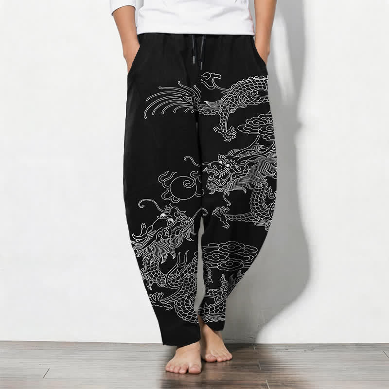Buddha Stones Herrenhose aus reiner Baumwolle mit kaiserlichem Drachenmuster, Kordelzug, schmal zulaufendem Schnitt und Taschen - Schwarz - US/ UK/AU50, EU60 (5XL) - image 0