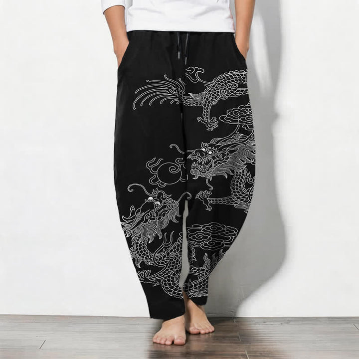Buddha Stones Herrenhose aus reiner Baumwolle mit kaiserlichem Drachenmuster, Kordelzug, schmal zulaufendem Schnitt und Taschen - Schwarz - US/ UK/AU50, EU60 (5XL) - image 0
