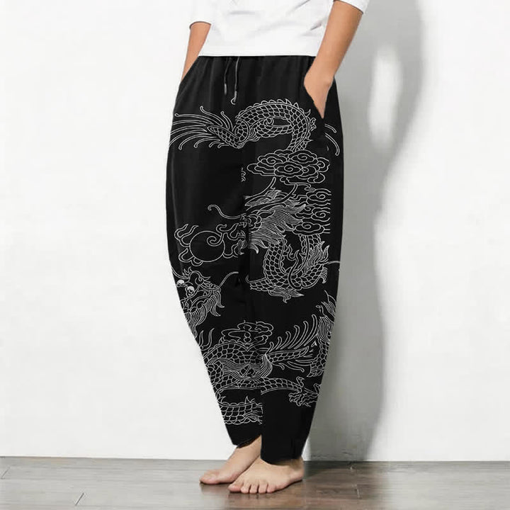 Buddha Stones Herrenhose aus reiner Baumwolle mit kaiserlichem Drachenmuster, Kordelzug, schmal zulaufendem Schnitt und Taschen - image 1