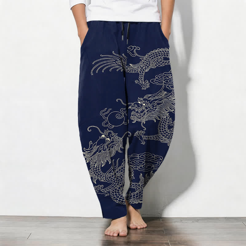 Buddha Stones Herrenhose aus reiner Baumwolle mit kaiserlichem Drachenmuster, Kordelzug, schmal zulaufendem Schnitt und Taschen - Marine - US/ UK/AU50, EU60 (5XL) - image 7