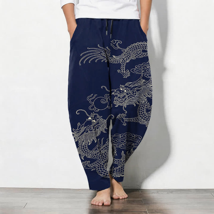Buddha Stones Herrenhose aus reiner Baumwolle mit kaiserlichem Drachenmuster, Kordelzug, schmal zulaufendem Schnitt und Taschen - Marine - US/ UK/AU50, EU60 (5XL) - image 7